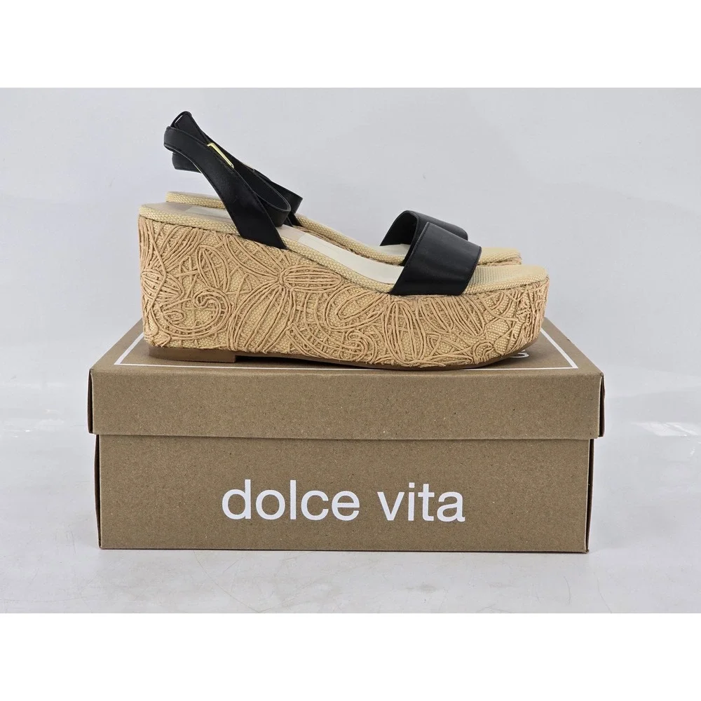 Dolce Vita Talisa Wedge Sandals Womens 9 Black Leather Espadrille - NEW